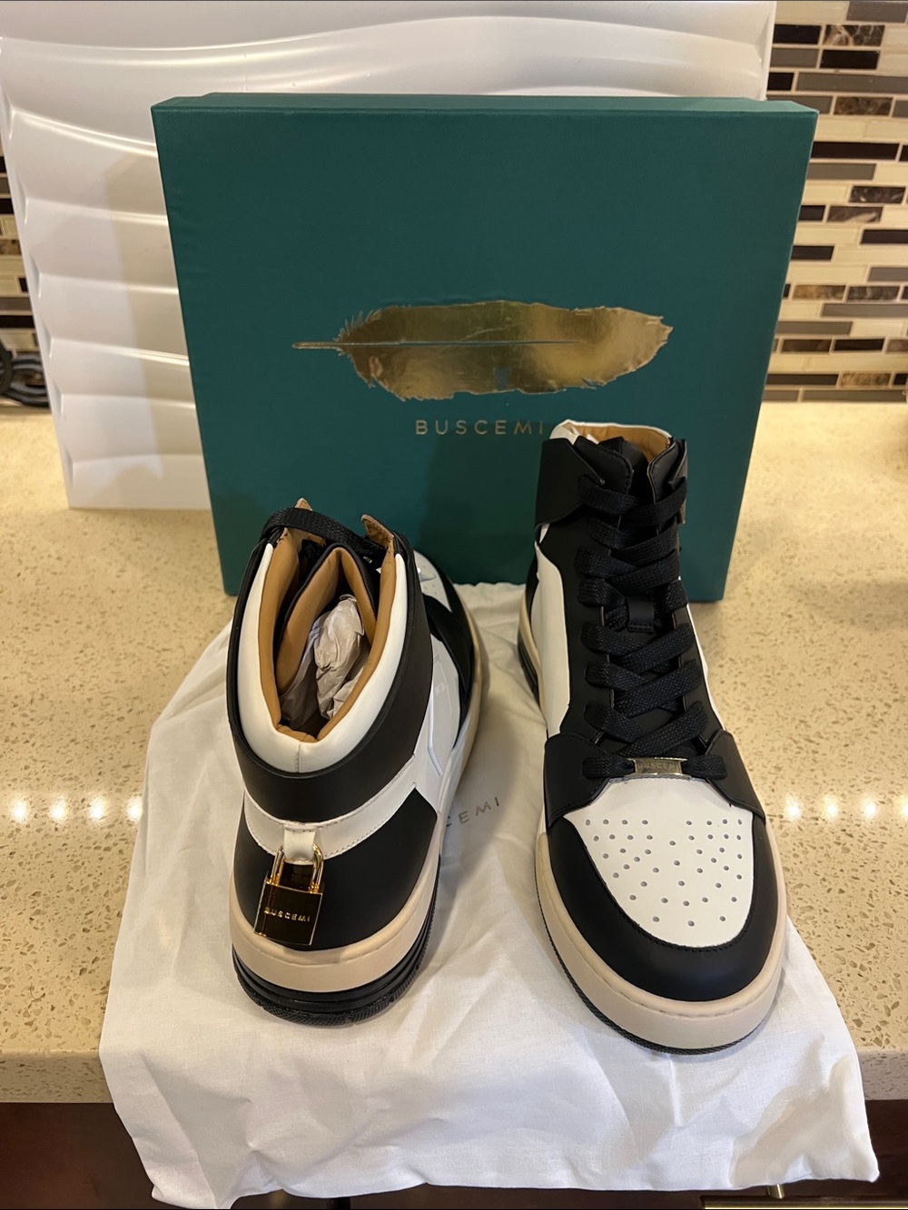 Buscemi LeatherMen’s High-Top Sneakers in Black, White & Cream with Gold Accent
